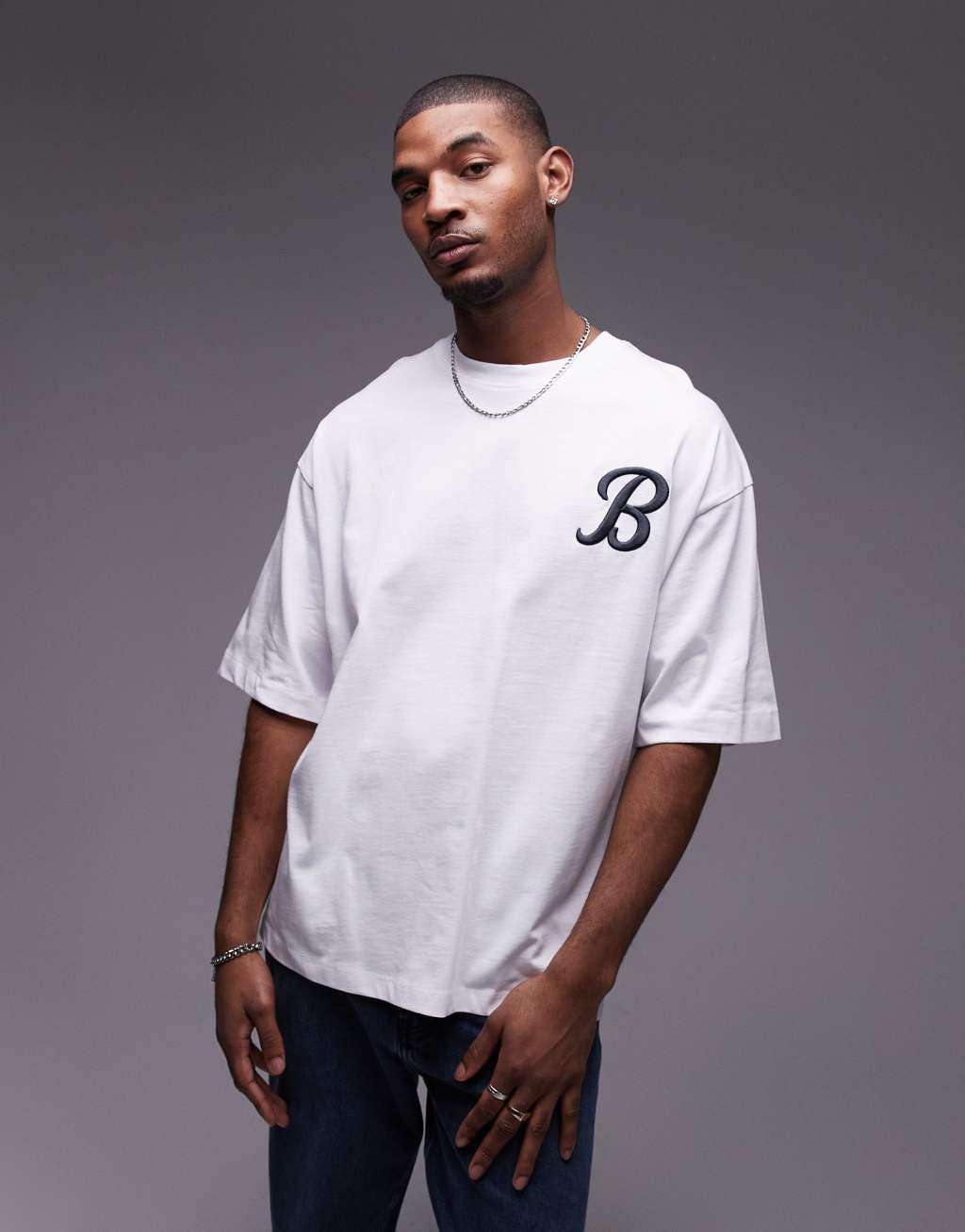 Topman heavyweight extreme oversized fit t-shirt with front and back Brooklyn embroidery in white Product Image