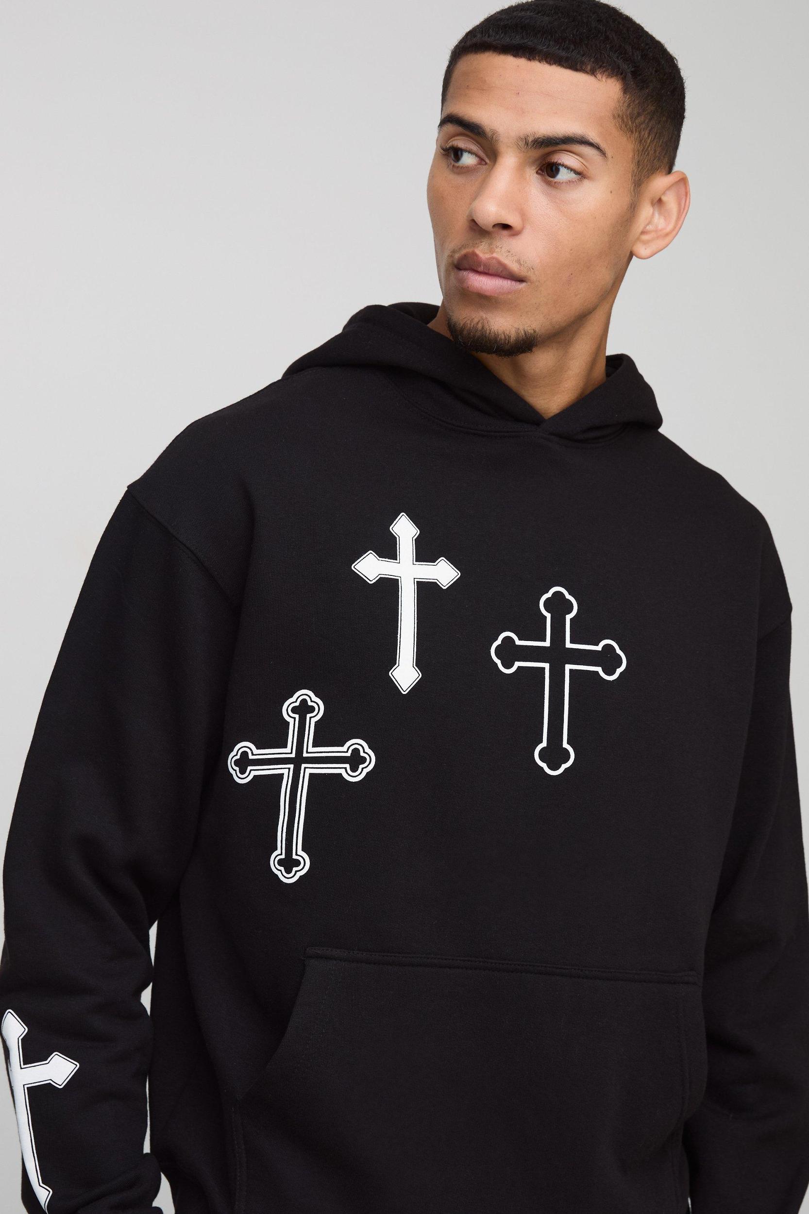 Oversized Boxy Cross Print Hooded Tracksuit | boohooMAN USA Product Image