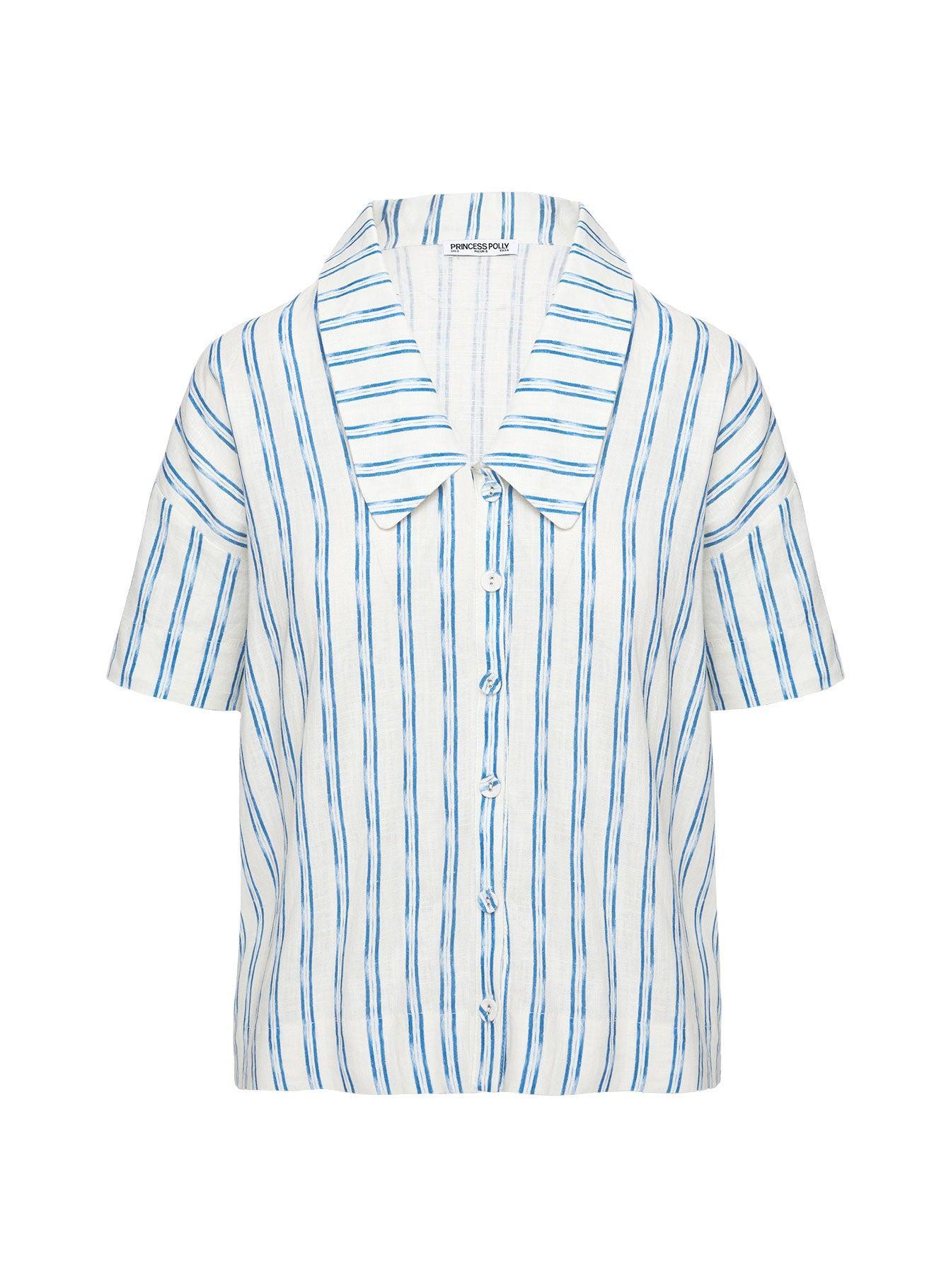 Goody Linen Button Front Top Blue Stripe Product Image