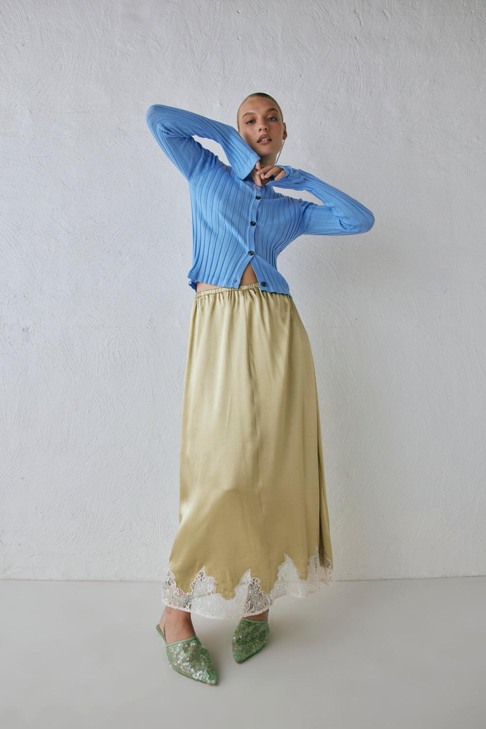 Aisla Satin Midi Skirt Sage Product Image