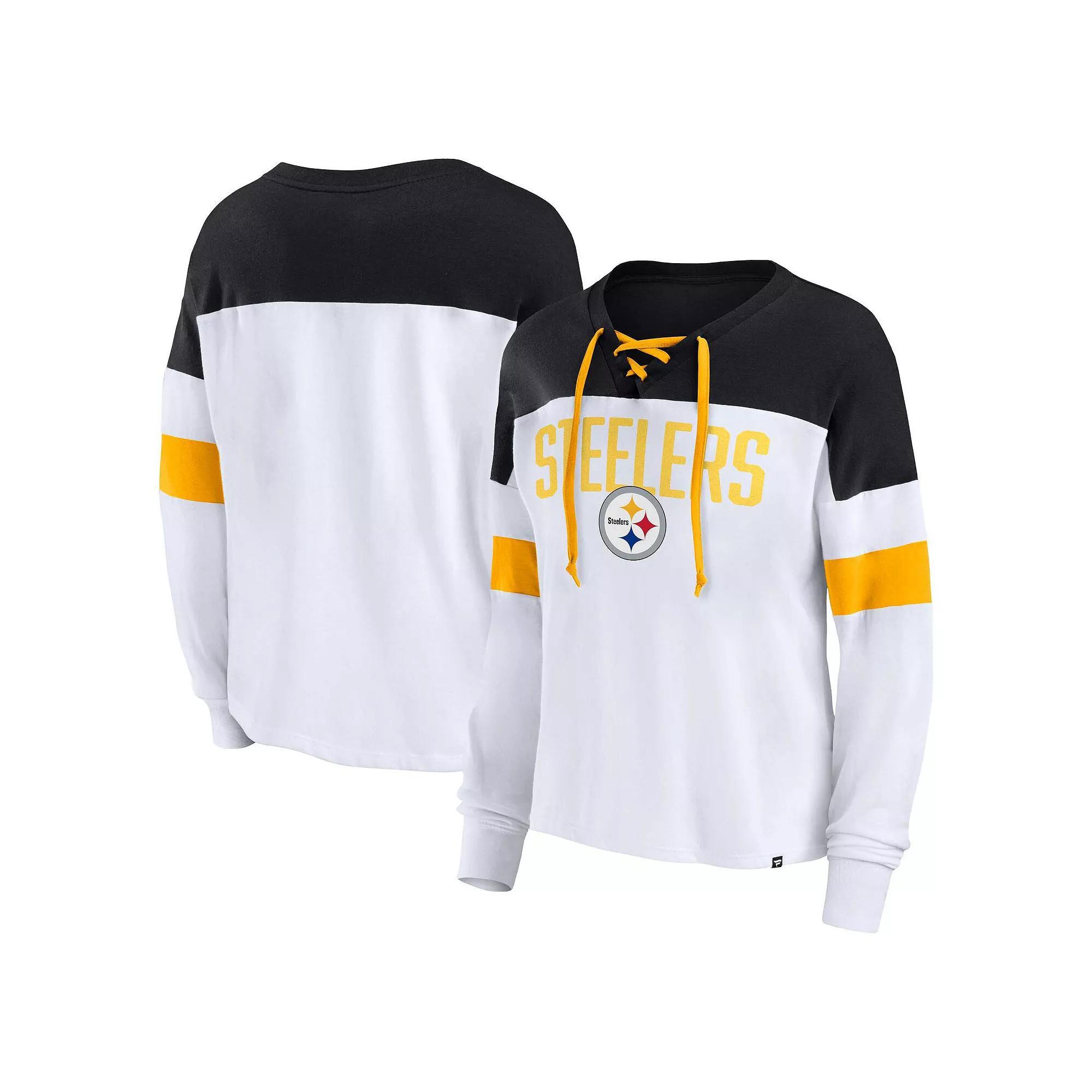 Women's Fanatics Branded White/Black Pittsburgh Steelers Plus Size Even Match Lace-Up Long Sleeve V-Neck T-Shirt, Size: 2XL Product Image