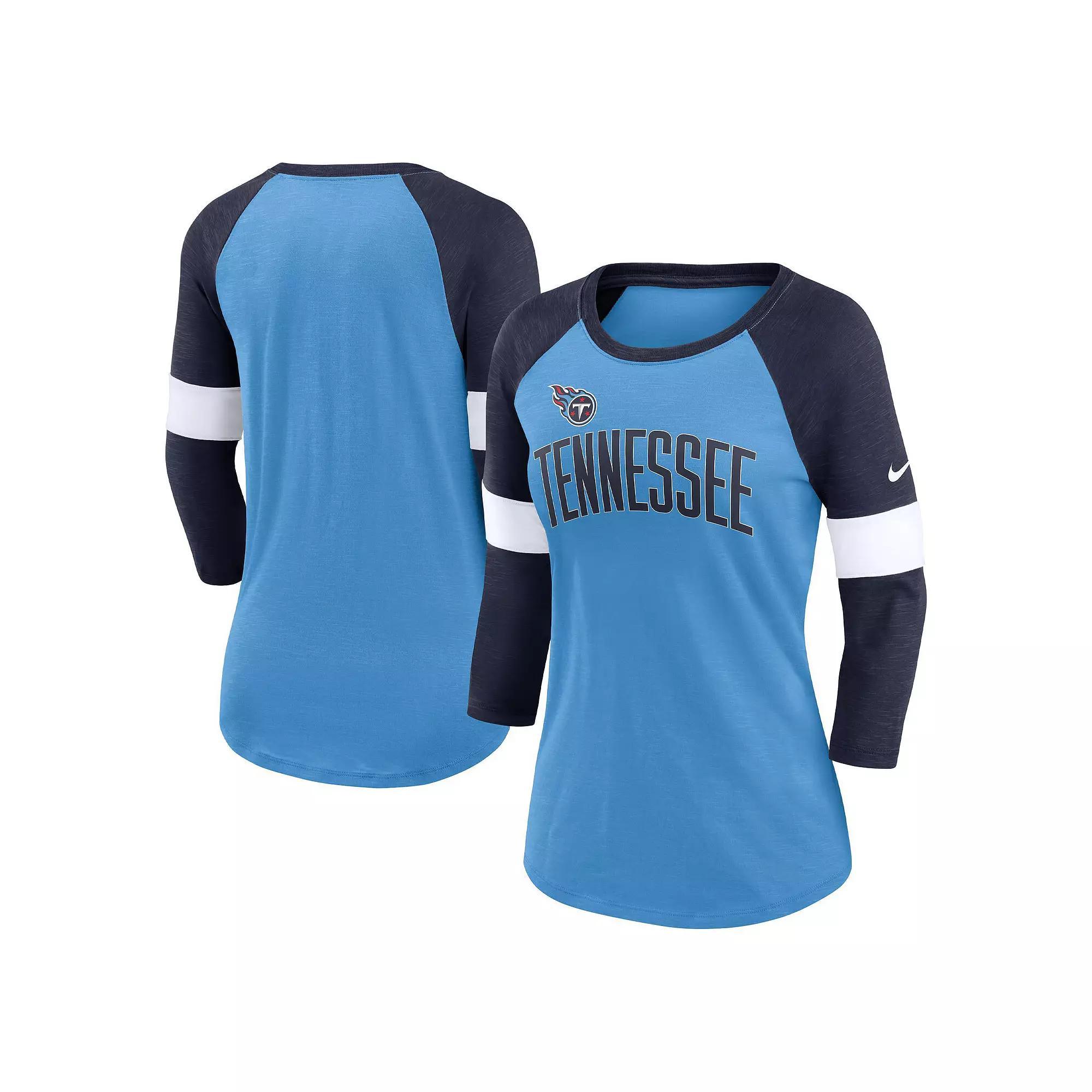 Women's Nike Tennessee Titans Light Blue/Heather Navy Football Pride Raglan 3/4-Sleeve T-Shirt, Size: Large Product Image