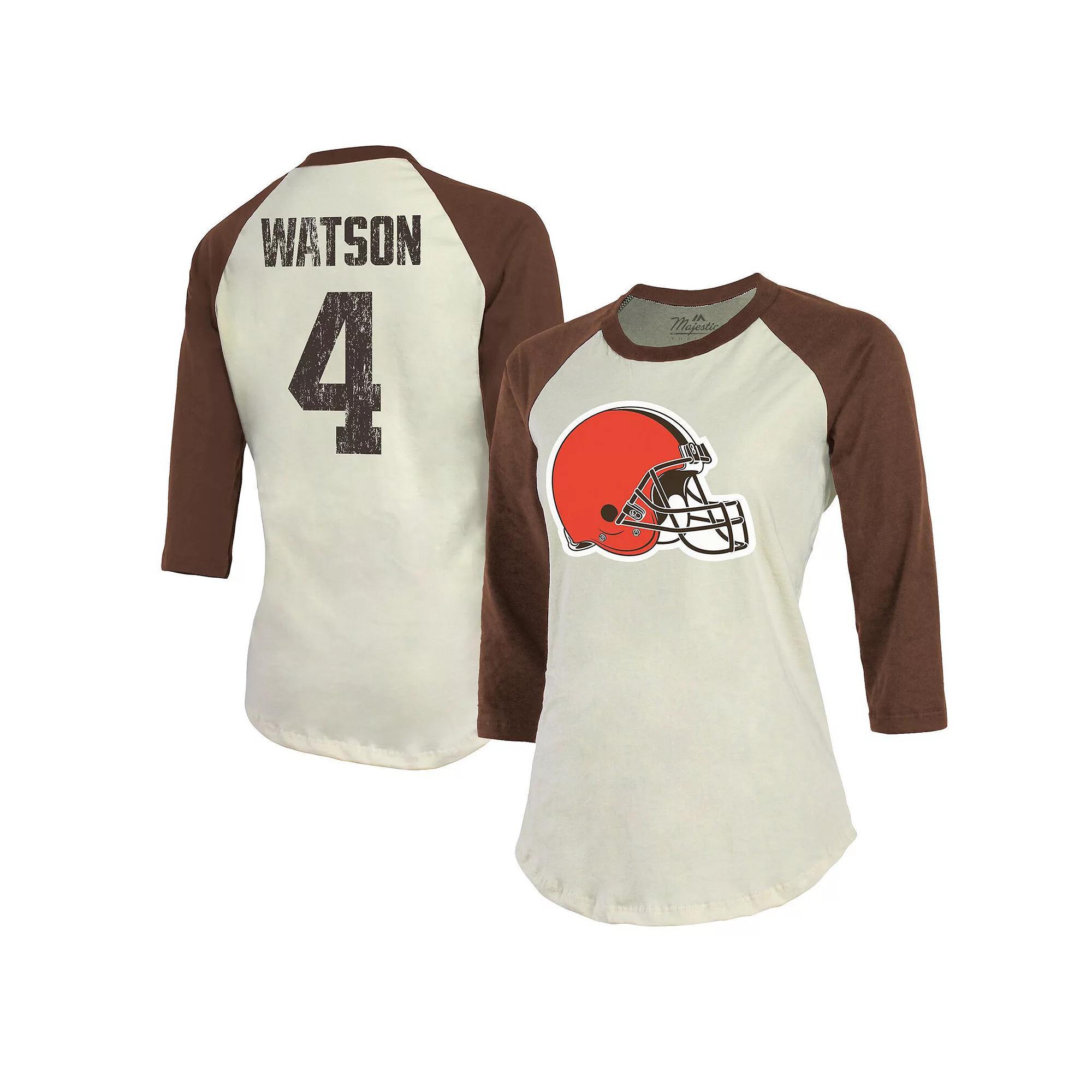 Women's Majestic Threads Deshaun Watson Cream/Brown Cleveland Browns Name & Number Raglan 3/4 Sleeve T-Shirt,  Product Image