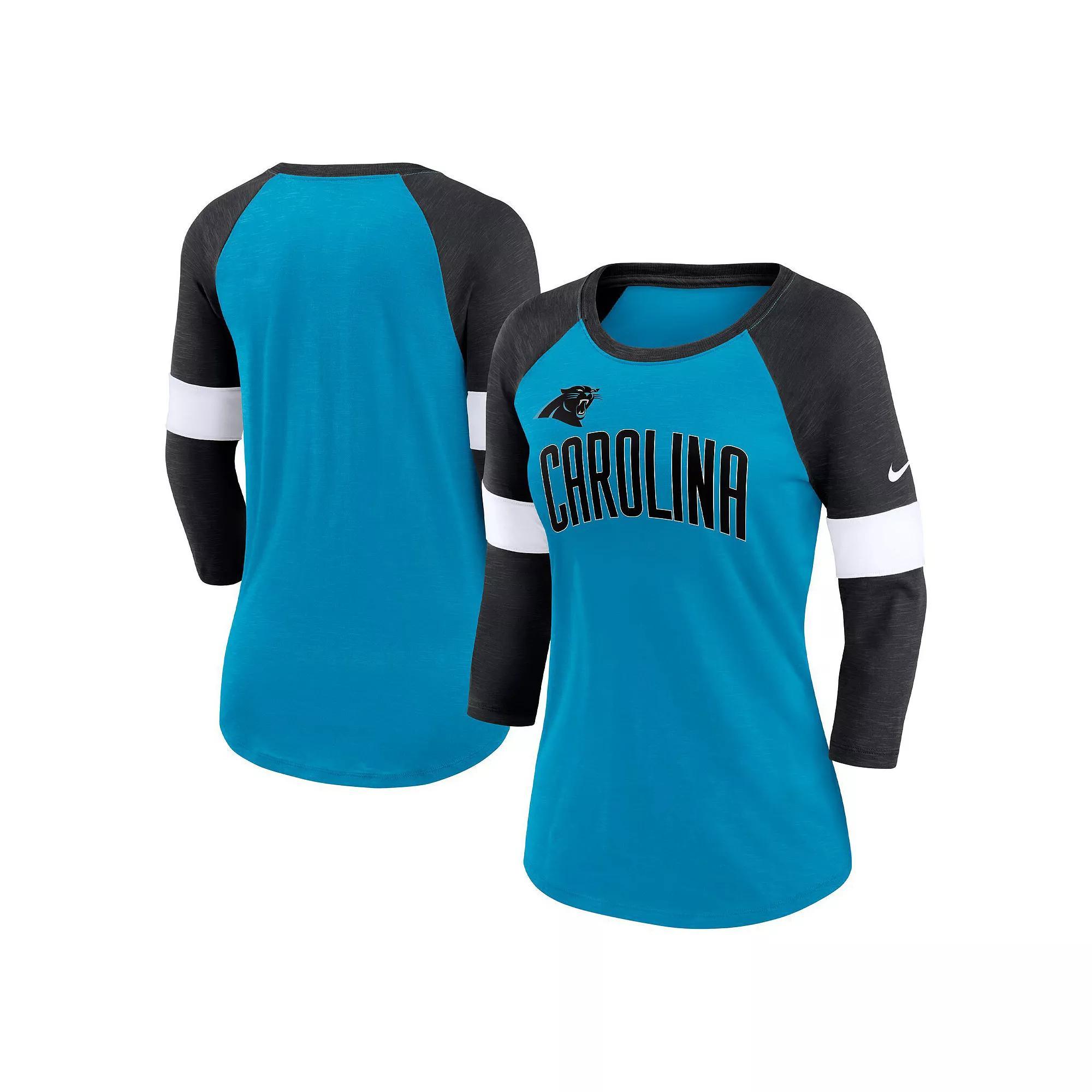 Women's Nike Carolina Panthers Heathered Blue/Heathered Black Football Pride Slub 3/4 Raglan Sleeve T-Shirt, Size: Small Product Image