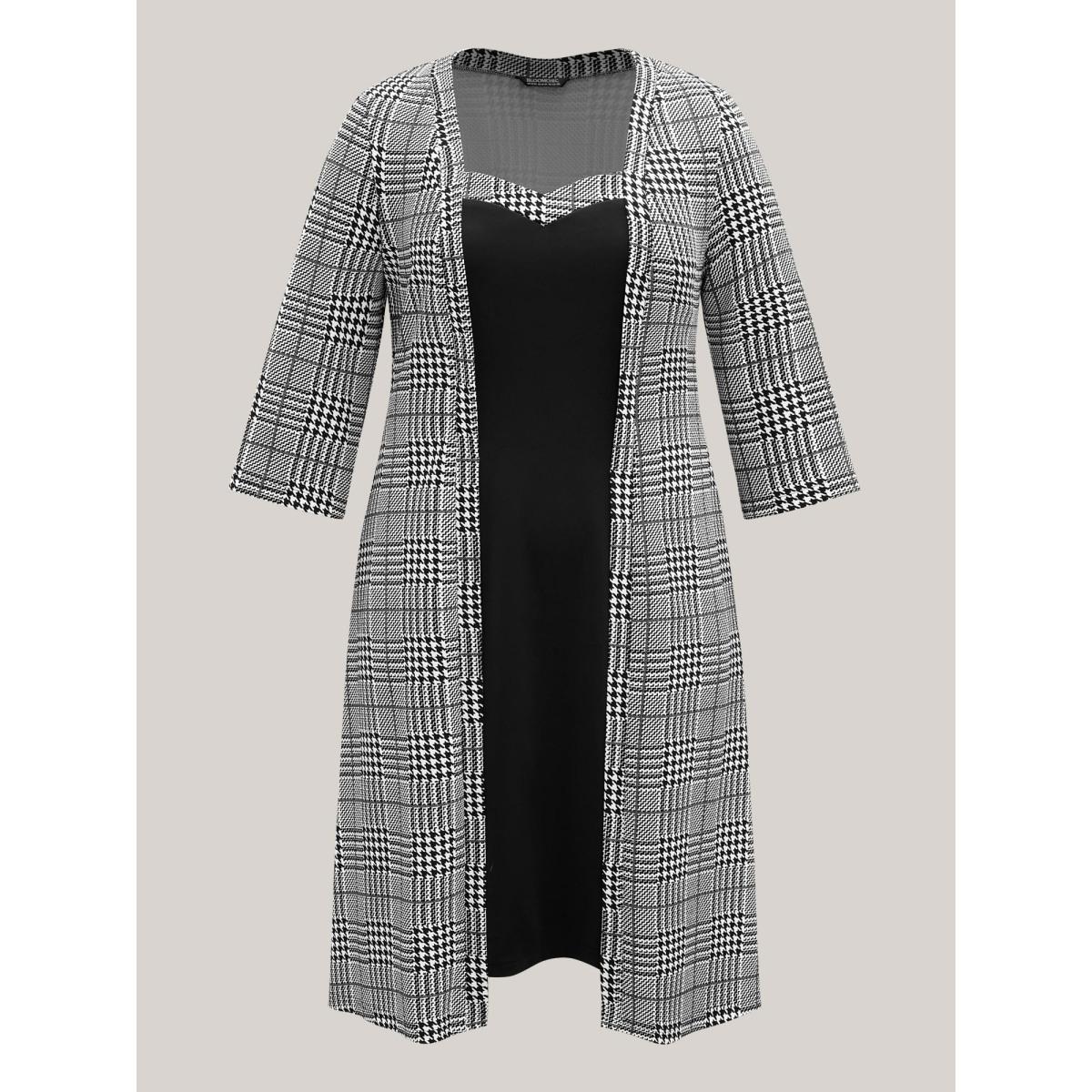 Plus Size Houndstooth Print Waist-Cinched Patchwork Midi Dress BlackFlower Women Office Patchwork Knit Dresses Bloomchic 28/5X Product Image