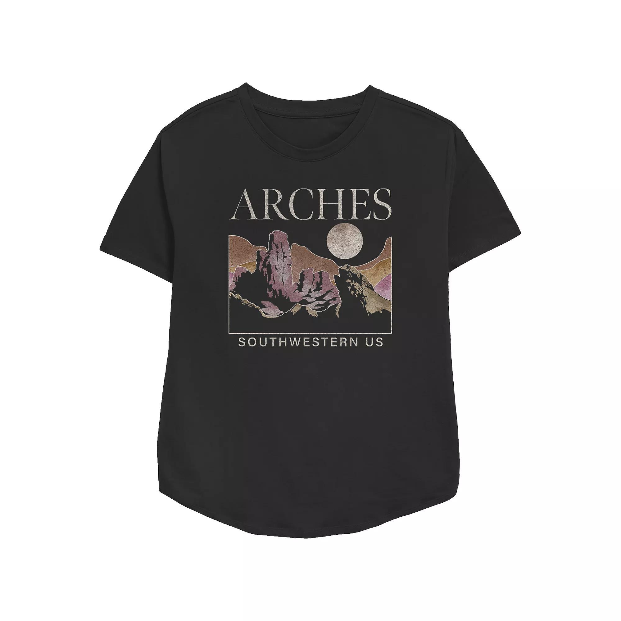 Women's Arches Southwest US Hills Mountains Nightscape Moon Relaxed Fit Graphic Tee, Girl's, Size: Small, Black Product Image