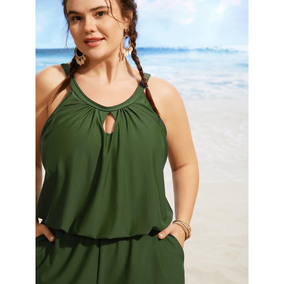 Plus Size Solid Keyhole Elastic Waist Gathered One Piece Swimsuit Women's Swimwear ArmyGreen Beach Gathered Curve Bathing Suits High stretch One Pieces BloomChic 10/M Product Image