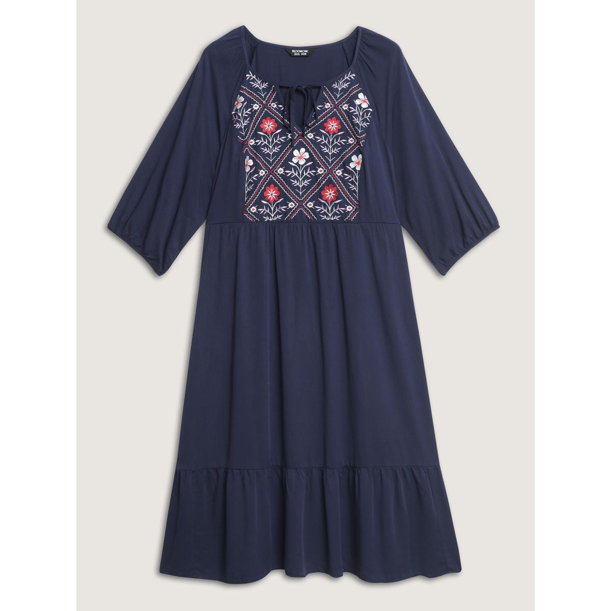 Plus Size Floral Embroidery Pockets Midi Dress DarkBlue Women Boho Notched collar Elbow-length sleeve Curvy BloomChic 14-16/1X Product Image