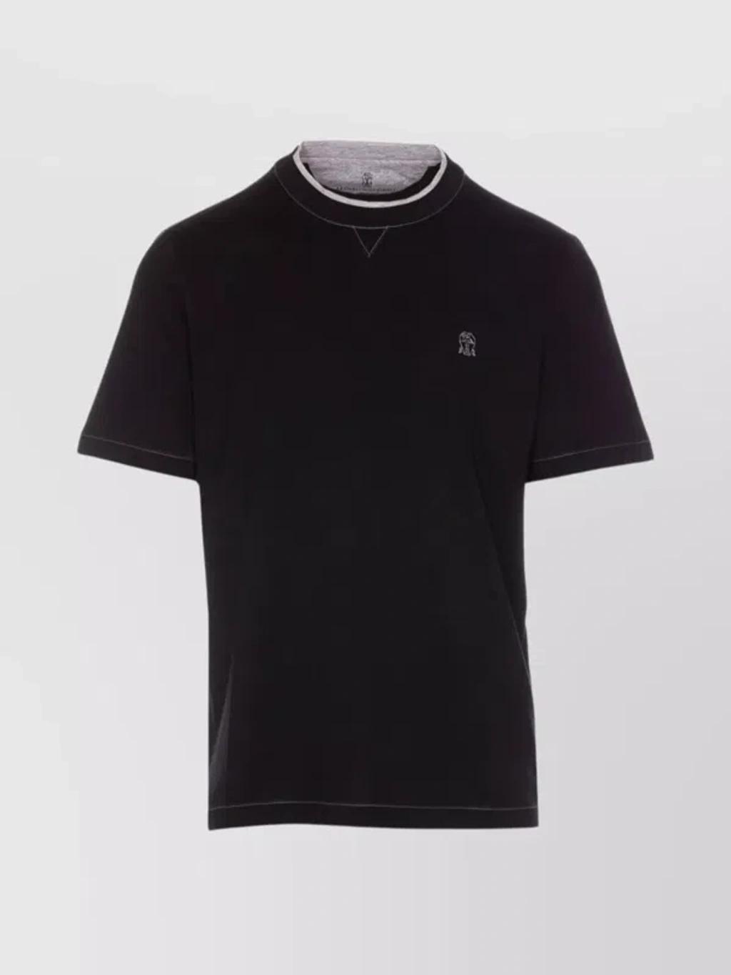 BRUNELLO CUCINELLI Layered Collar Crewneck T-shirt With Contrast Stitching In Black Product Image