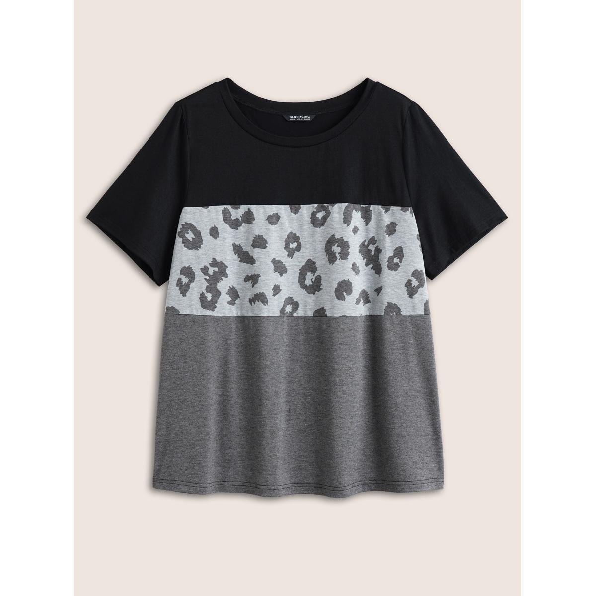 Plus Size Colorblock Contrast Patchwork Leopard T-shirt Black Women Casual Patchwork Leopard Round Neck Everyday T-shirts BloomChic 26/4X Product Image
