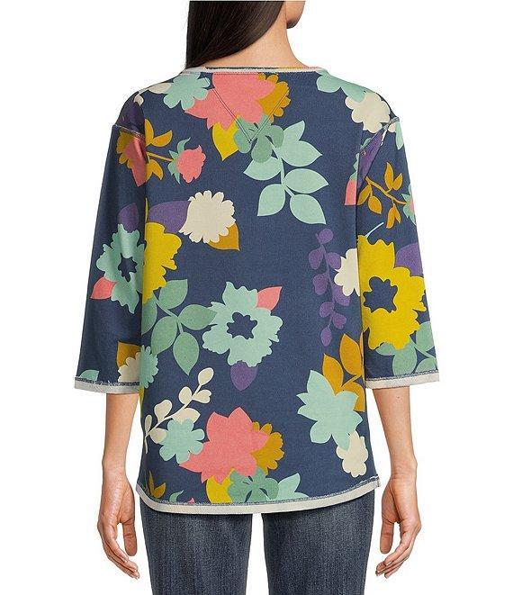 Tru Luxe Jeans French Terry Floral Notch Neck 3/4 Sleeve Top Product Image