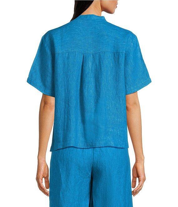 Eileen Fisher Washed Organic Linen Mandarin Collar Short Sleeve Button Front Top Product Image