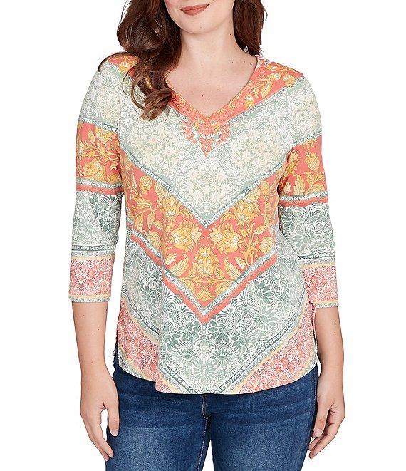 Ruby Rd. Knit Floral Chevron V-Neck 3/4 Sleeve Top Product Image