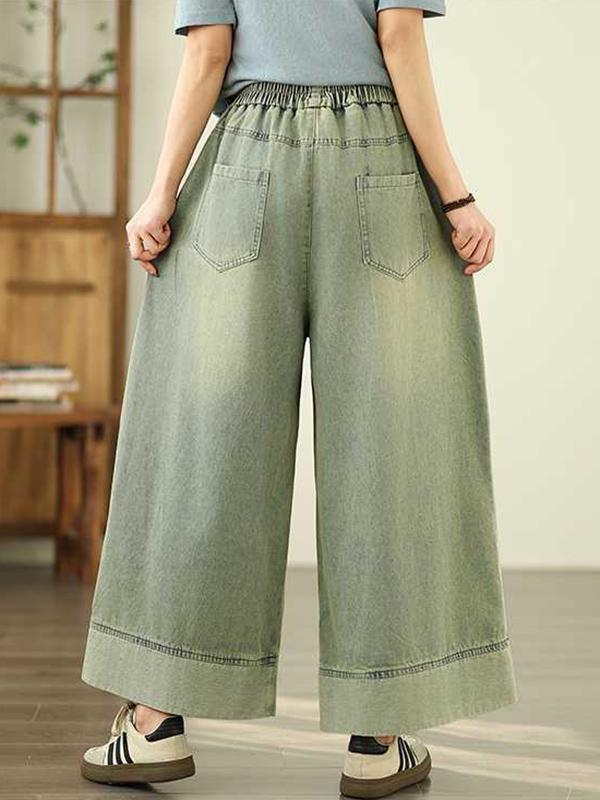 Loose Wide Leg Elasticity Pleated Pockets Jean Pants Bottoms Trousers Product Image