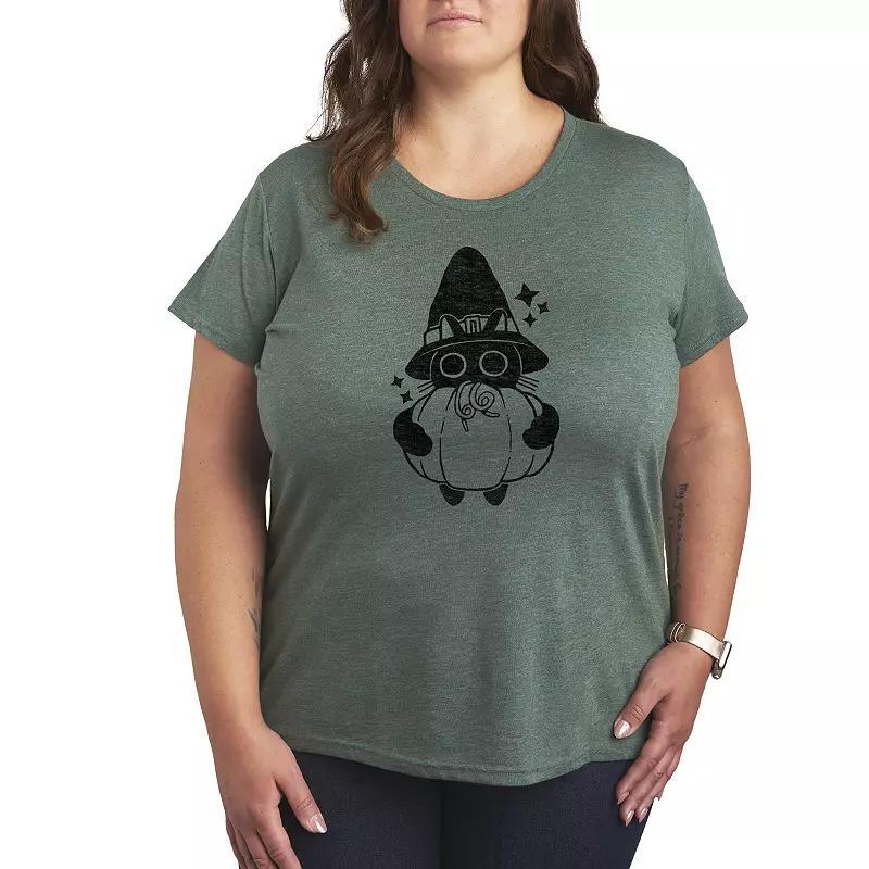 Plus Size Witch Cat With Pumpkin Graphic Tee, Womens Product Image