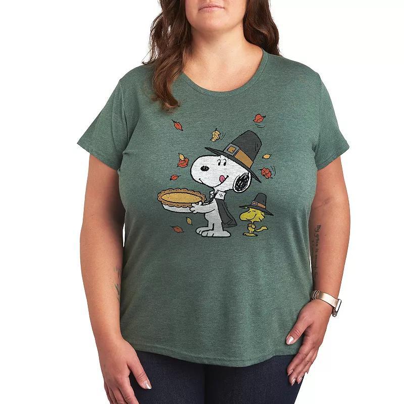 Women's Peanuts Snoopy & Woodstock Thanksgiving Scene Graphic Tee, Girl's, Size: XL, Grey Green Product Image