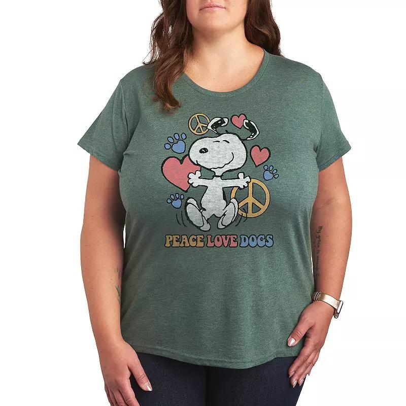 Plus Peanuts Snoopy Peace Love Dogs Graphic Tee, Womens Grey Green Product Image