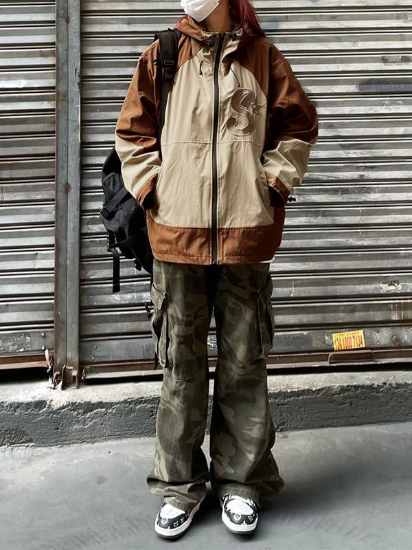 Oversize Embroidery Color Block Zip Up Hooded Jacket Product Image