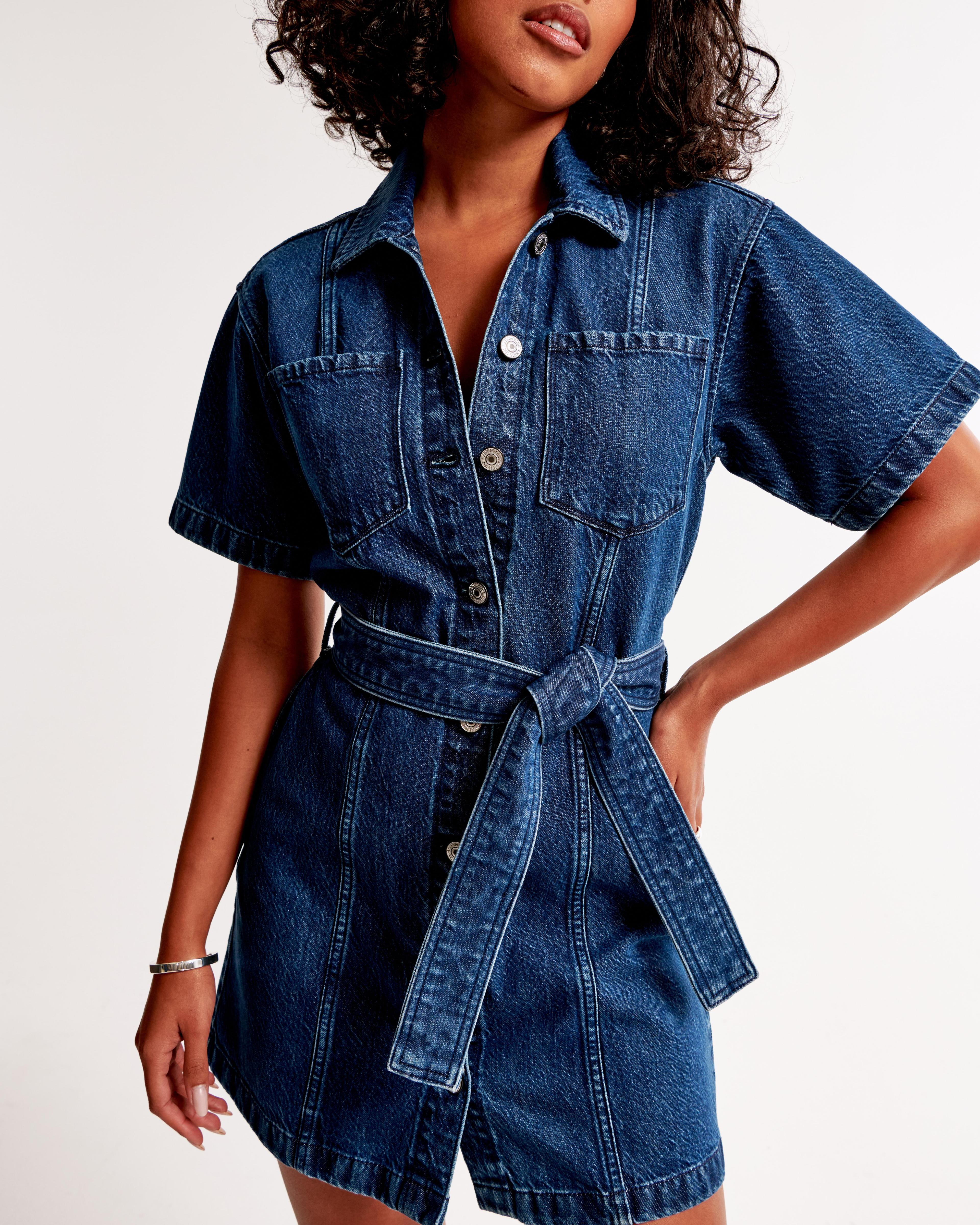 Short-Sleeve Denim Shirt Dress Product Image