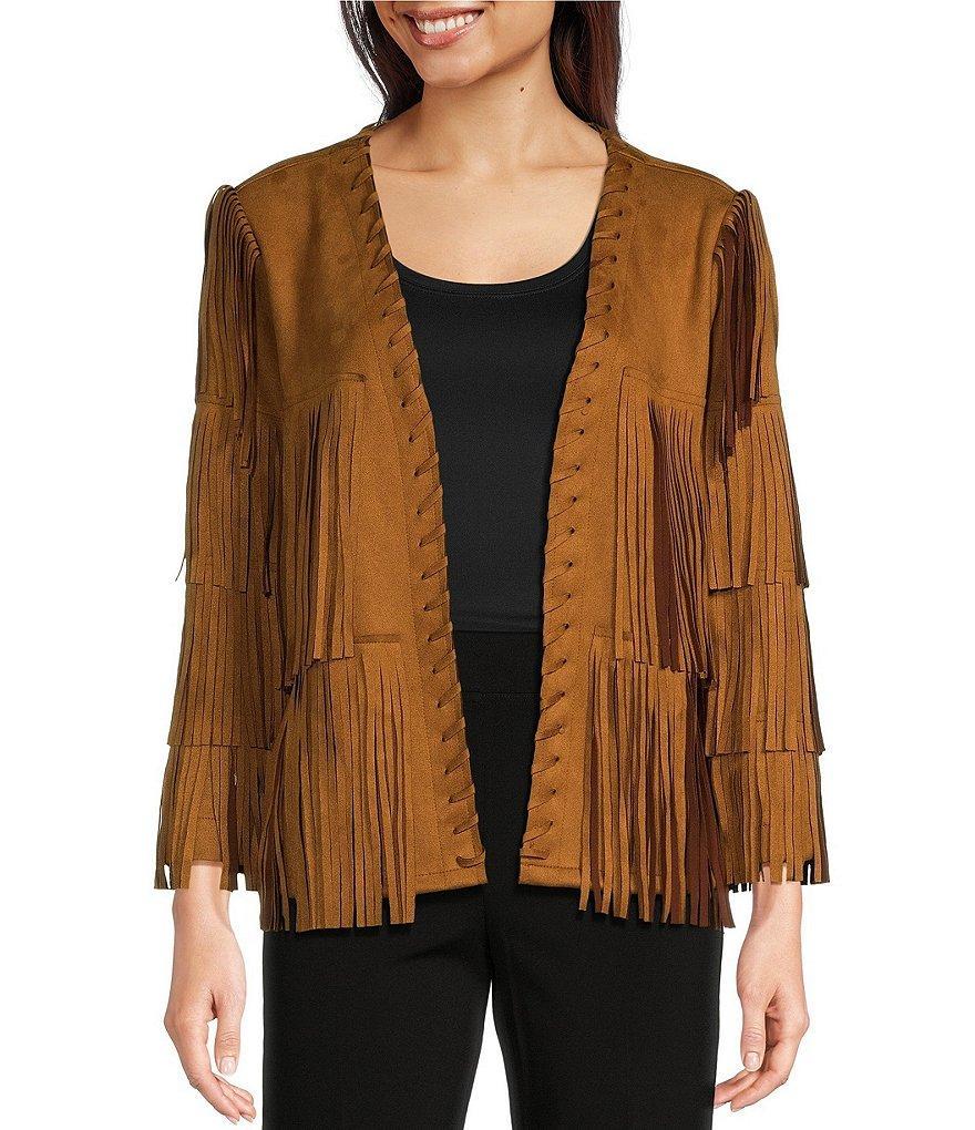 Ali Miles Stretch Suede Fringe Open Long Sleeve Jacket Product Image