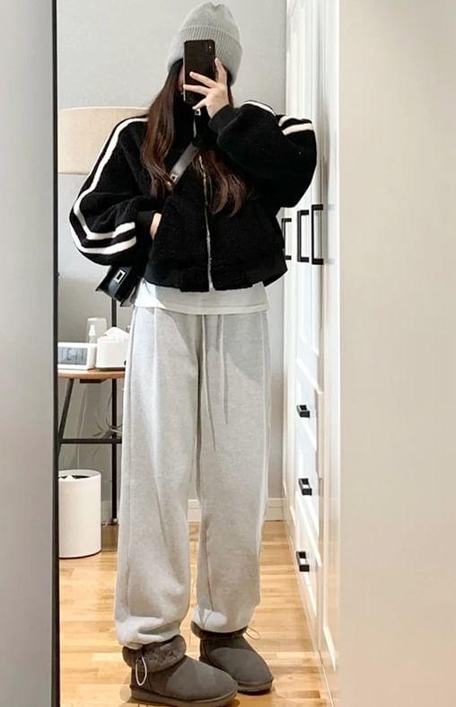 High Rise Plain Fleece Lined Wide Leg Sweatpants Product Image