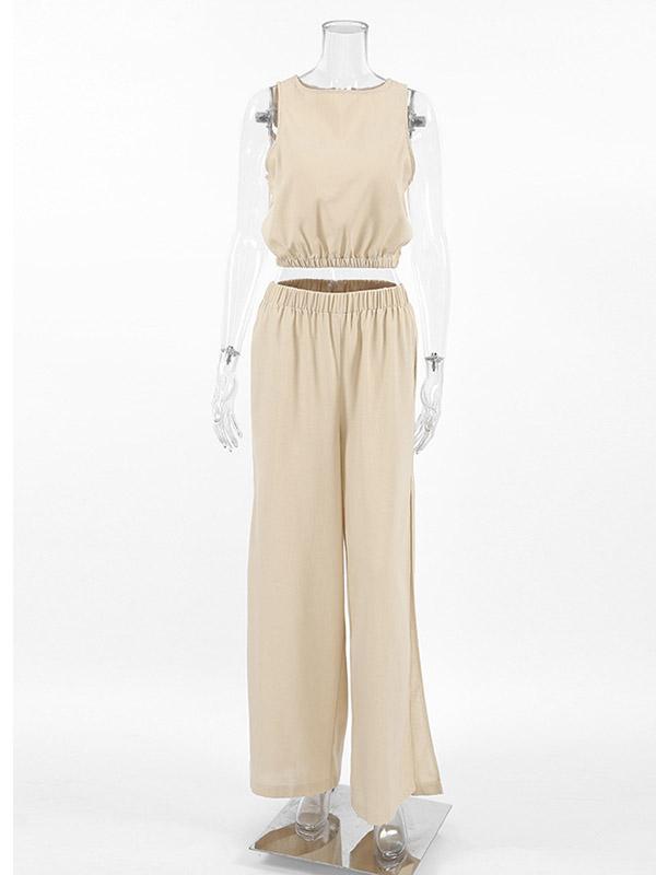 Loose Elasticity Solid Color Split-Joint Round-Neck Vest + High Waisted Split-Side Pants Two Pieces Set Product Image