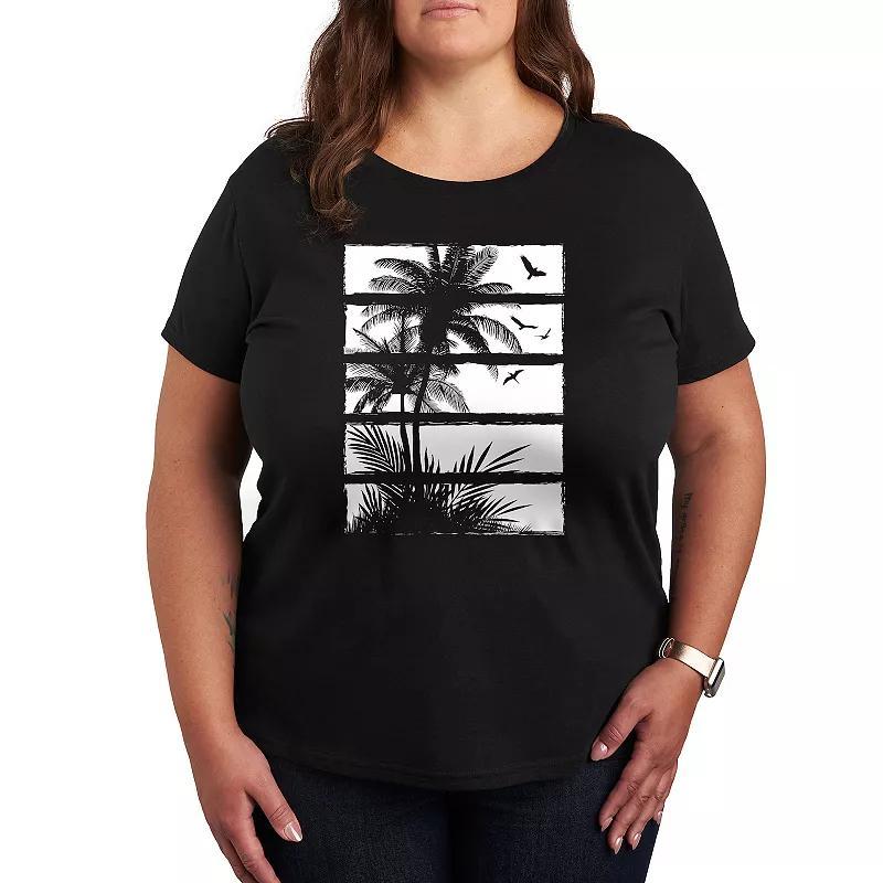 Plus Palm Tree Silhouette Panels Graphic Tee, Women's, Size: 2XL, Grey Blue Product Image