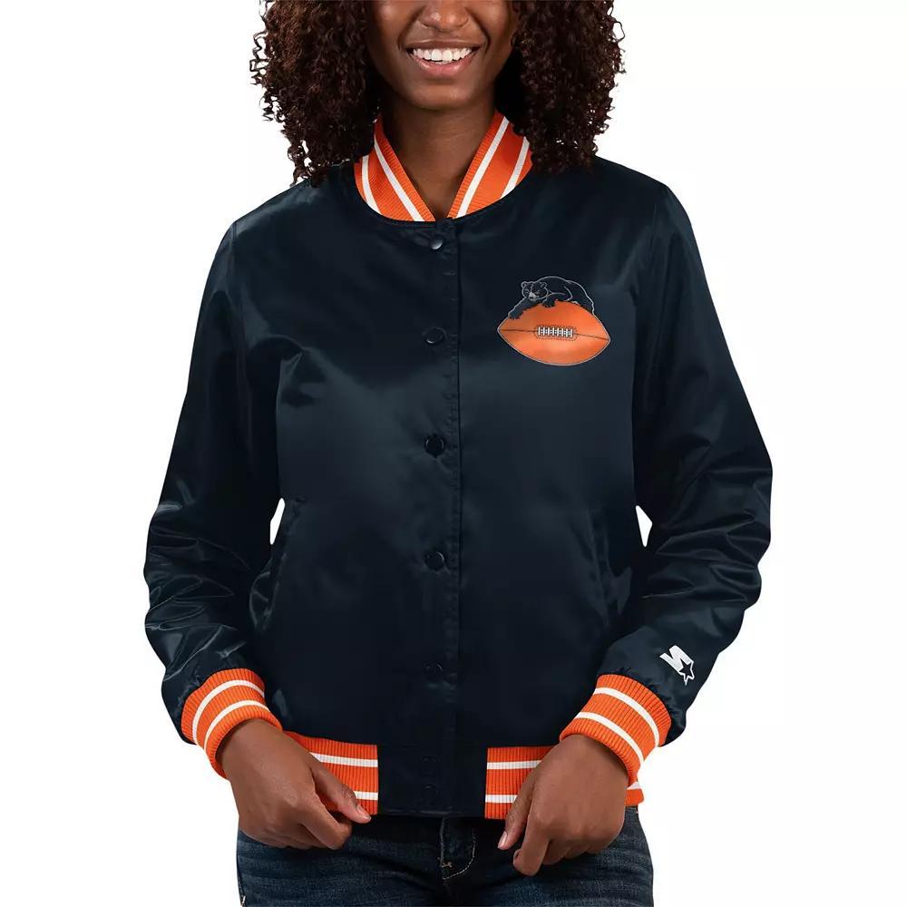 Women's Starter Navy/Orange Chicago Bears Full Count Satin Full-Snap Varsity Jacket, Size: 2XL, Blue Product Image