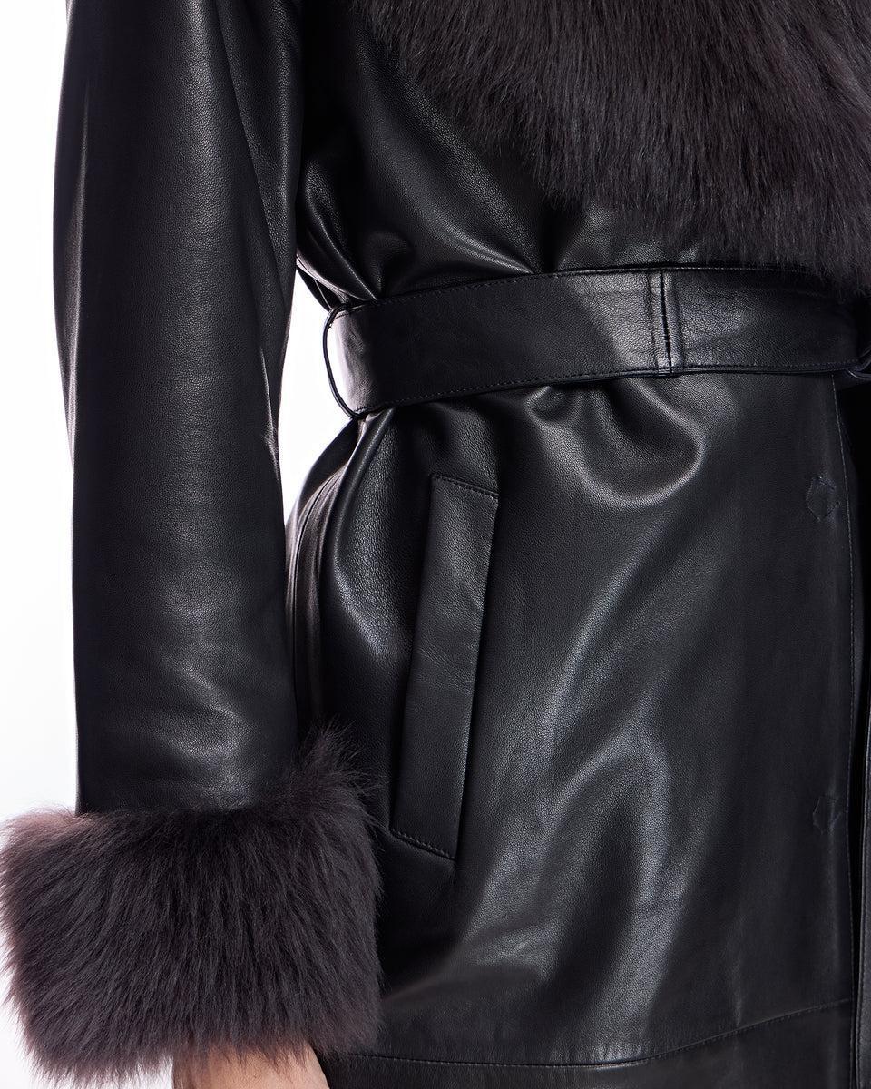 Julia & Stella by Maximilian Belted Leather Short Coat with Shearling Trim Product Image