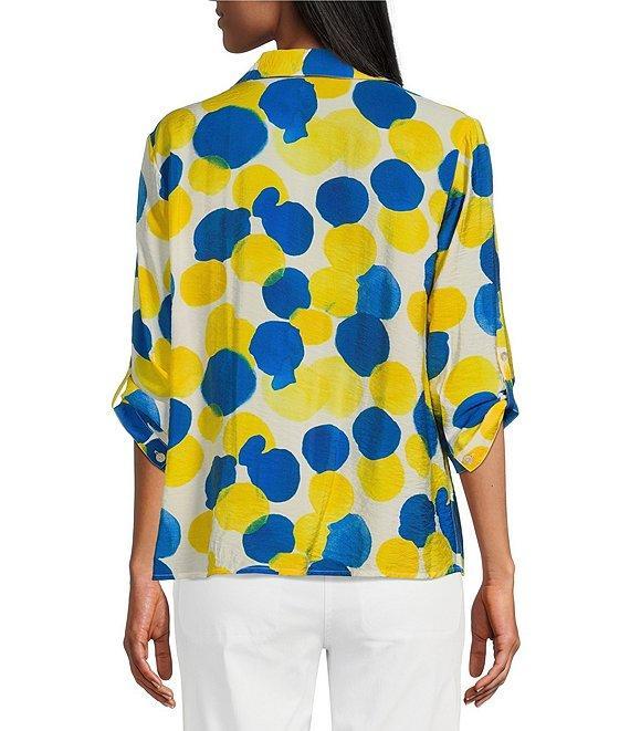 Multiples Petite Size Crinkle Woven Printed Point Collar 3/4 Cinched Tab Cuff Button Front Shirt Product Image
