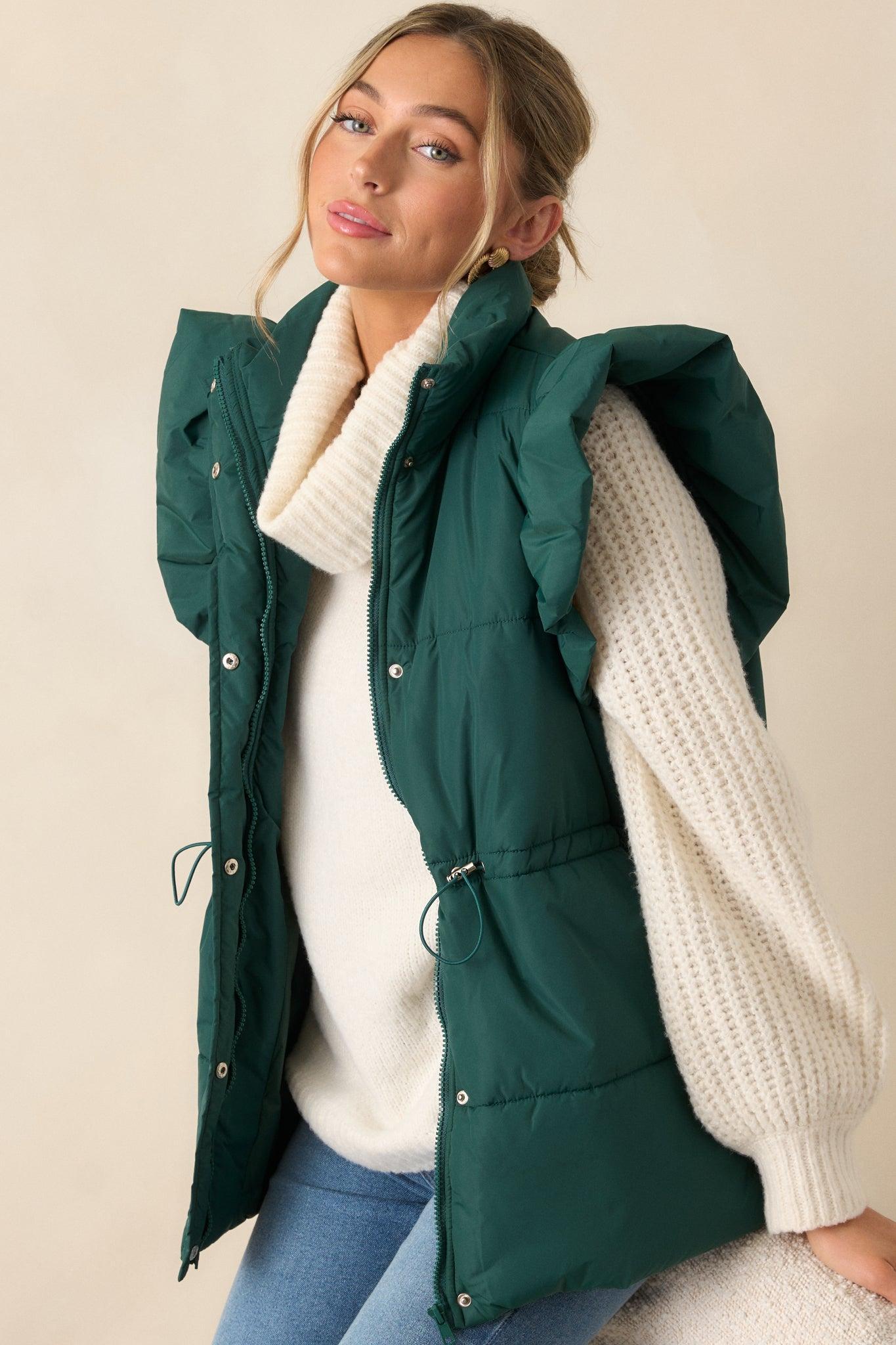 Cherry On Top Forest Green Flutter Sleeve Puffer Vest Product Image