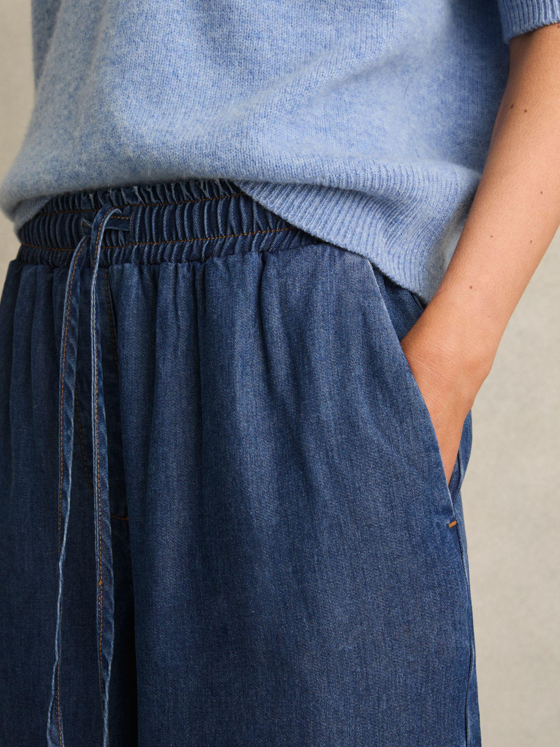 Petite Wide-Leg Chambray Drawstring Trousers in Mid Blue Product Image