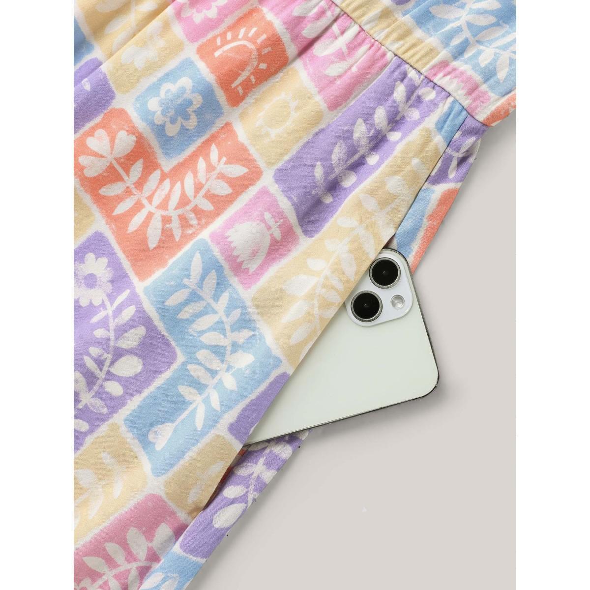 Plus Size Rayon Floral Collage Stretchy Waist Midi Dress Multicolor Women Flat collar with V-notch Short sleeve Curvy BloomChic 10/M Product Image