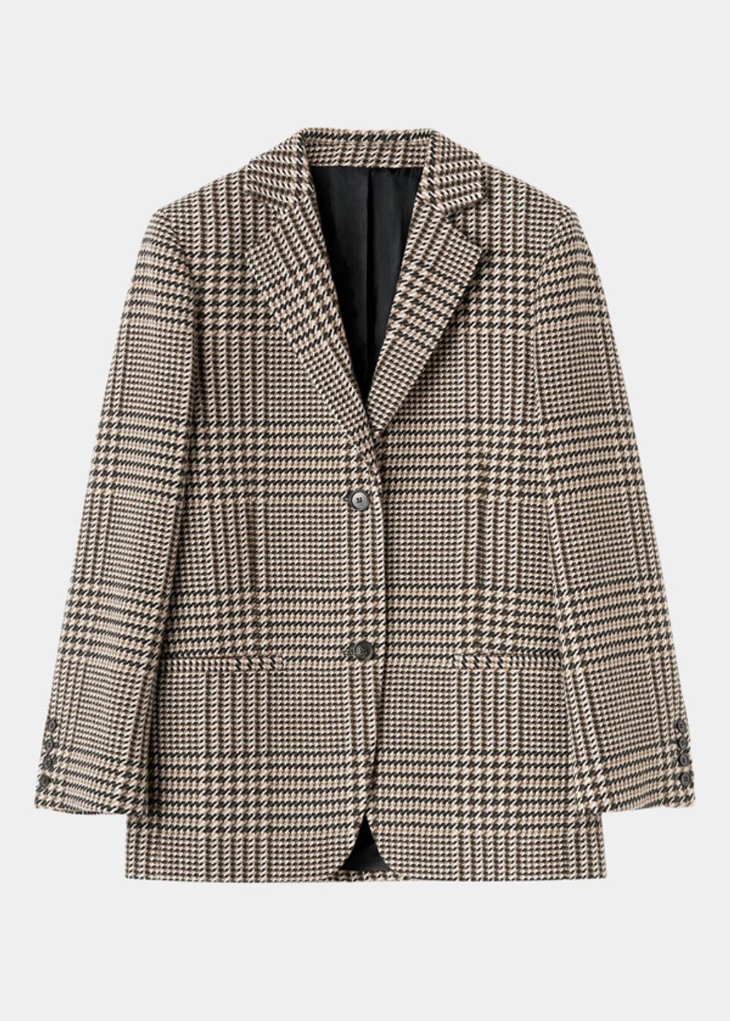 Check Houndstooth Single-breasted Longline Blazer In Brown Product Image