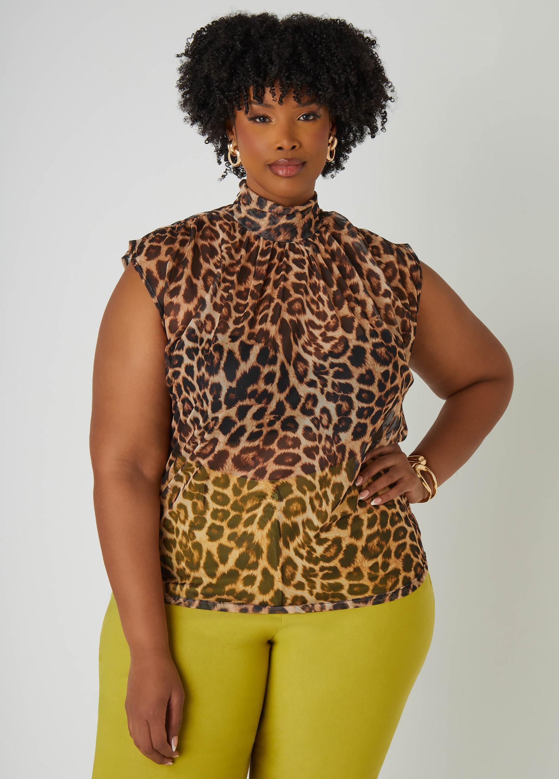 Printed Mesh Mock Neck Top Product Image