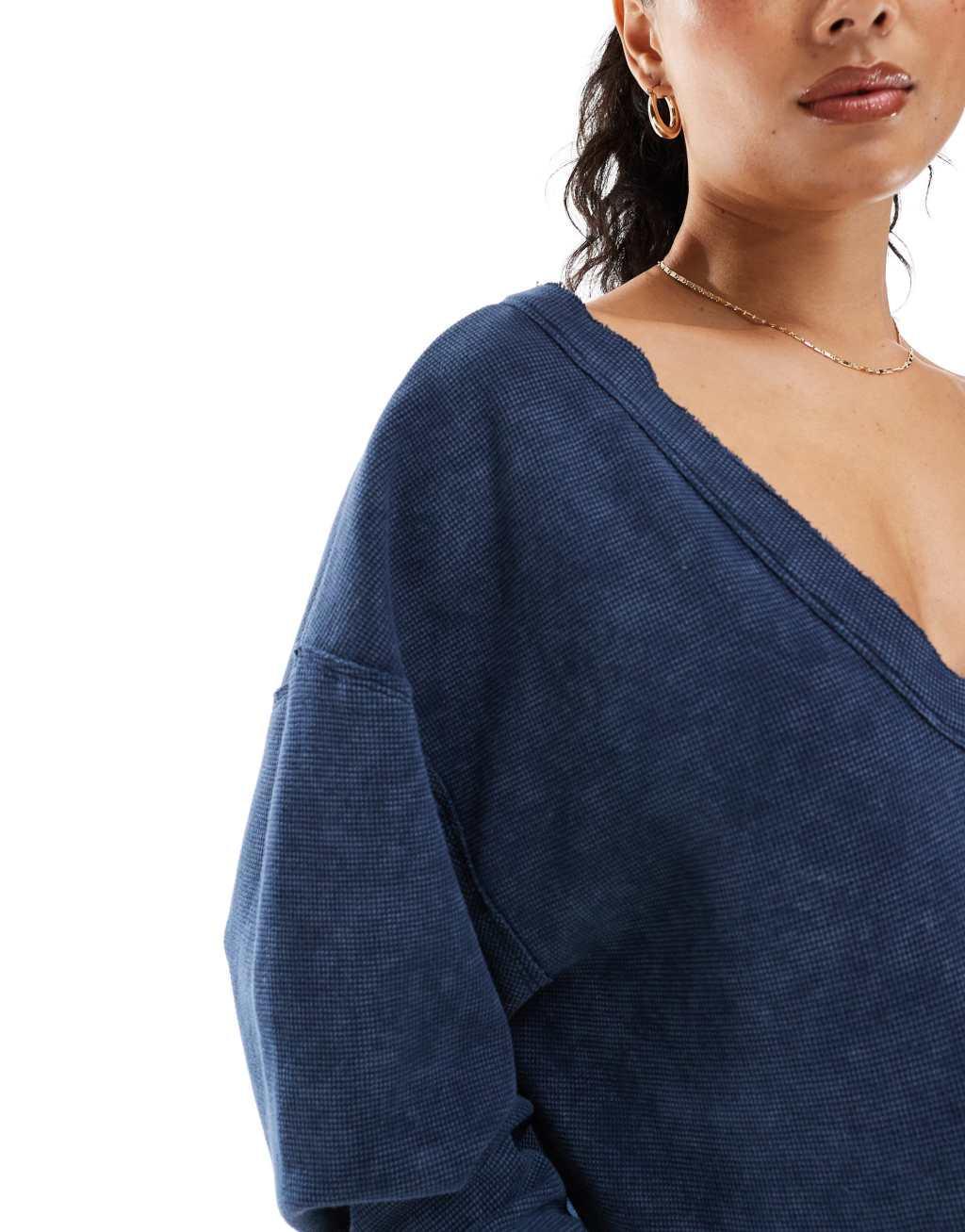 ASOS DESIGN waffle knit oversized off the shoulder v neck sweatshirt in washed navy - part of a set Product Image