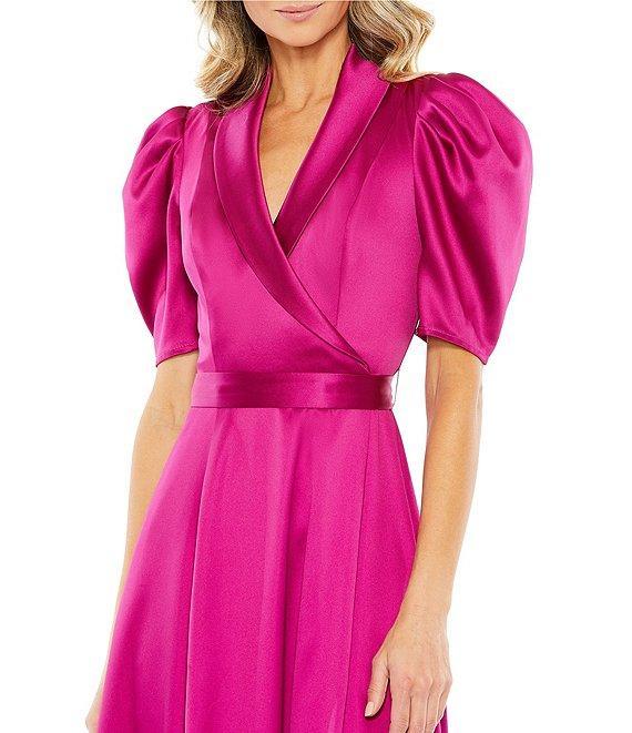 Mac Duggal Satin Surplice V-Neck Short Puffed Sleeve A-Line Midi Dress Product Image