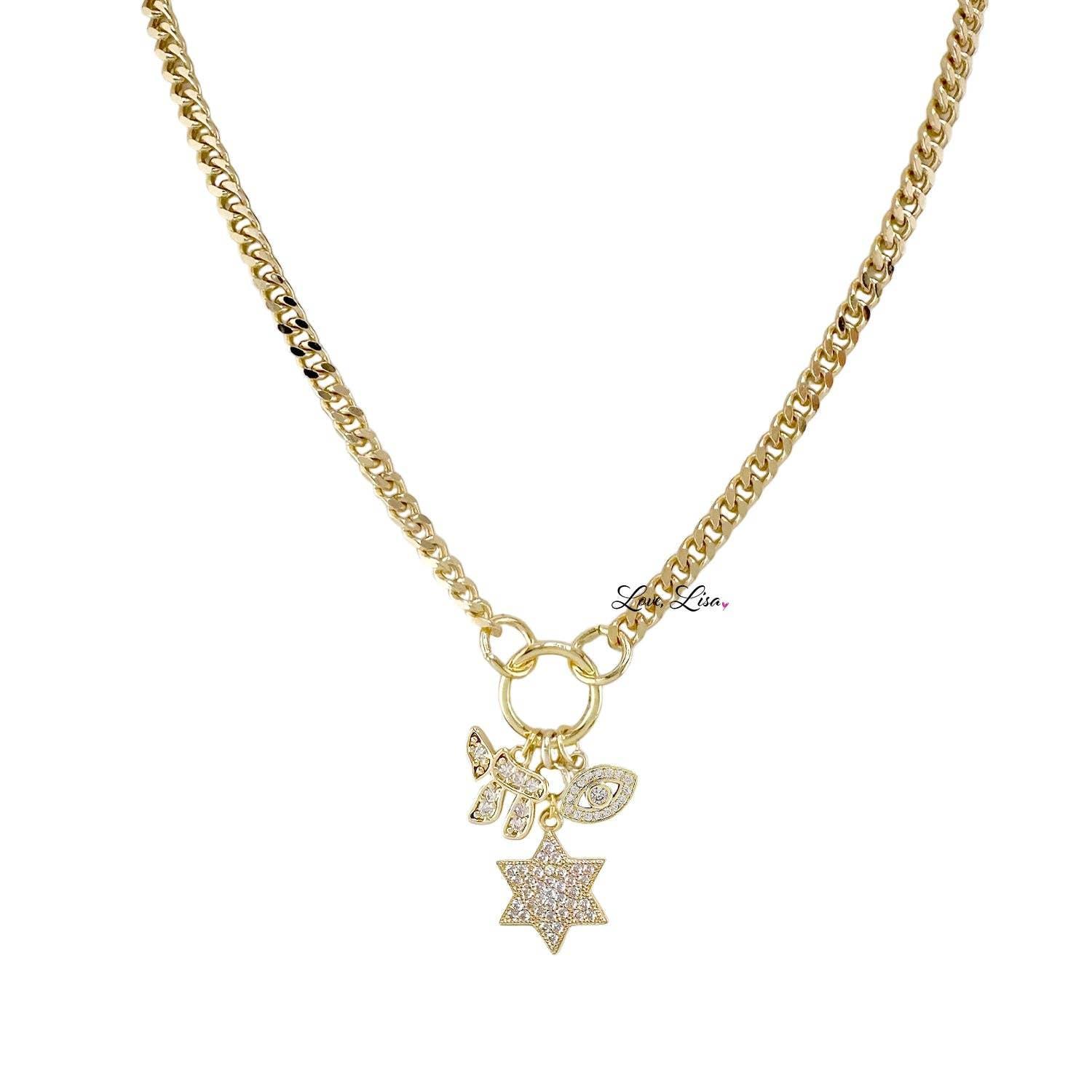 Hebrew Chai, Star of David & Evil Eye Charm Necklace Product Image