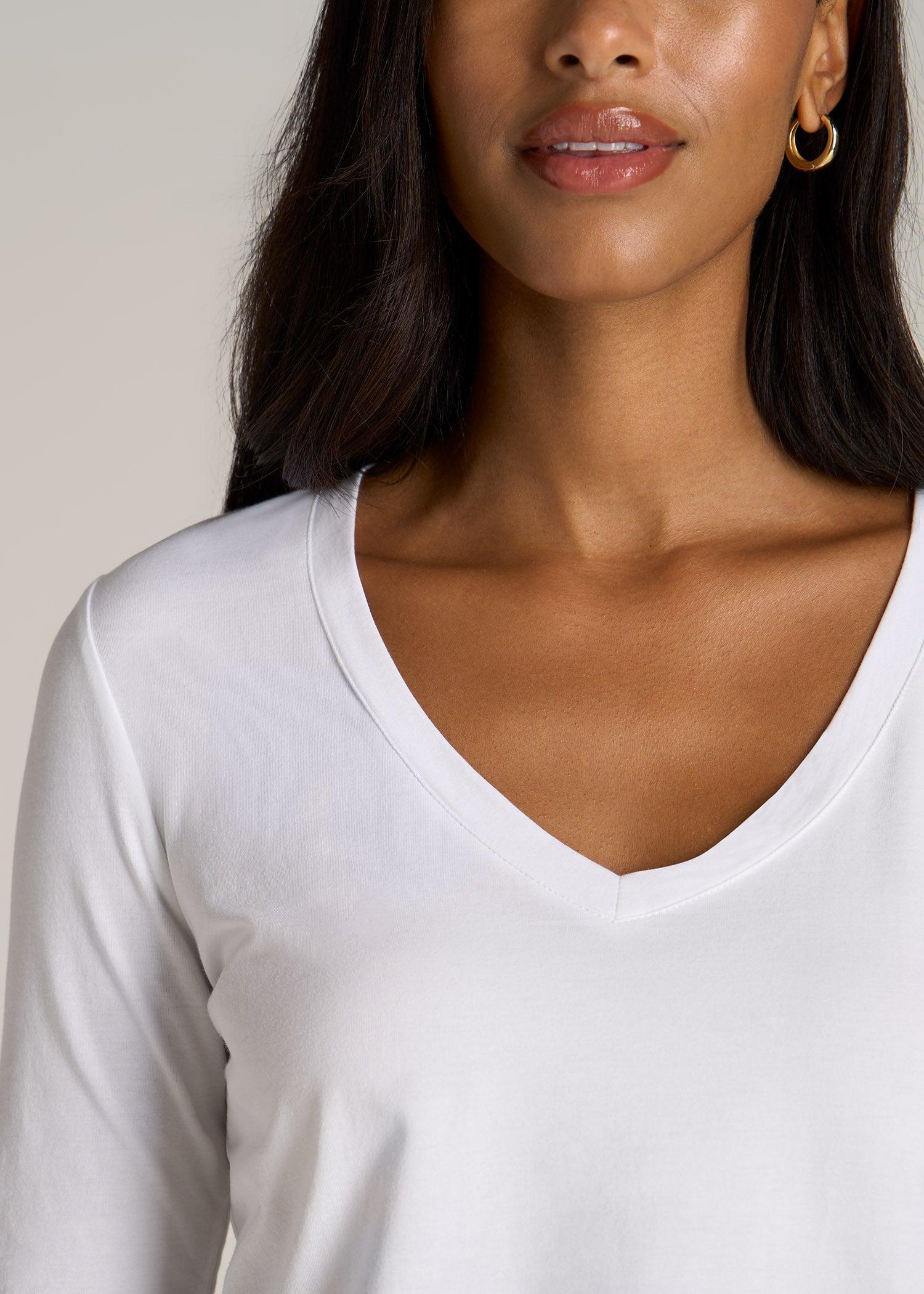 Long Sleeve Scoop V-Neck Tee Shirt for Tall Women in Black Product Image