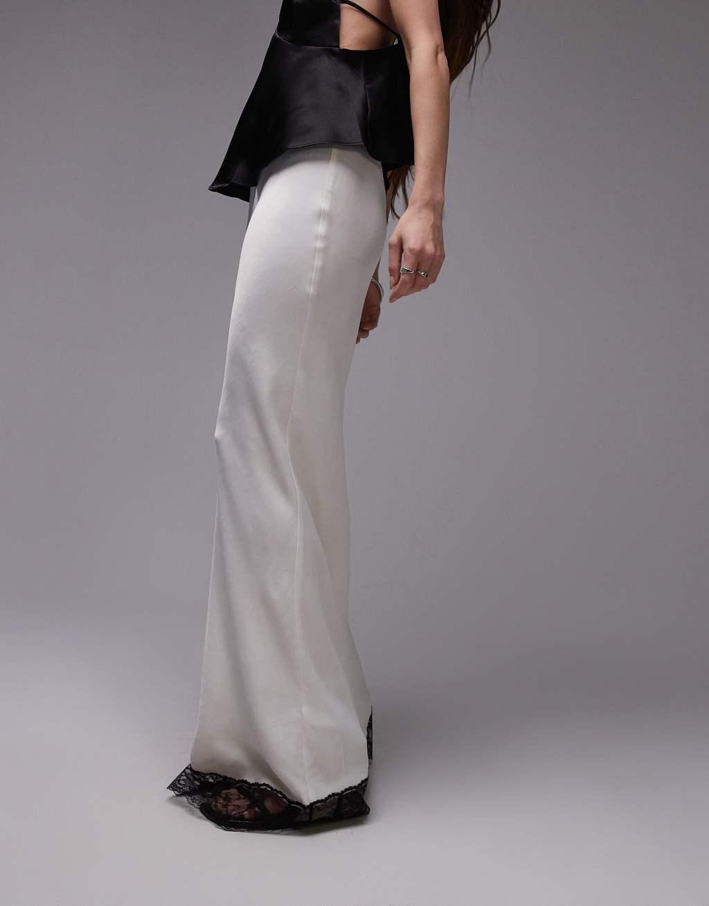 Topshop satin bias cut maxi skirt in ivory with black lace Product Image