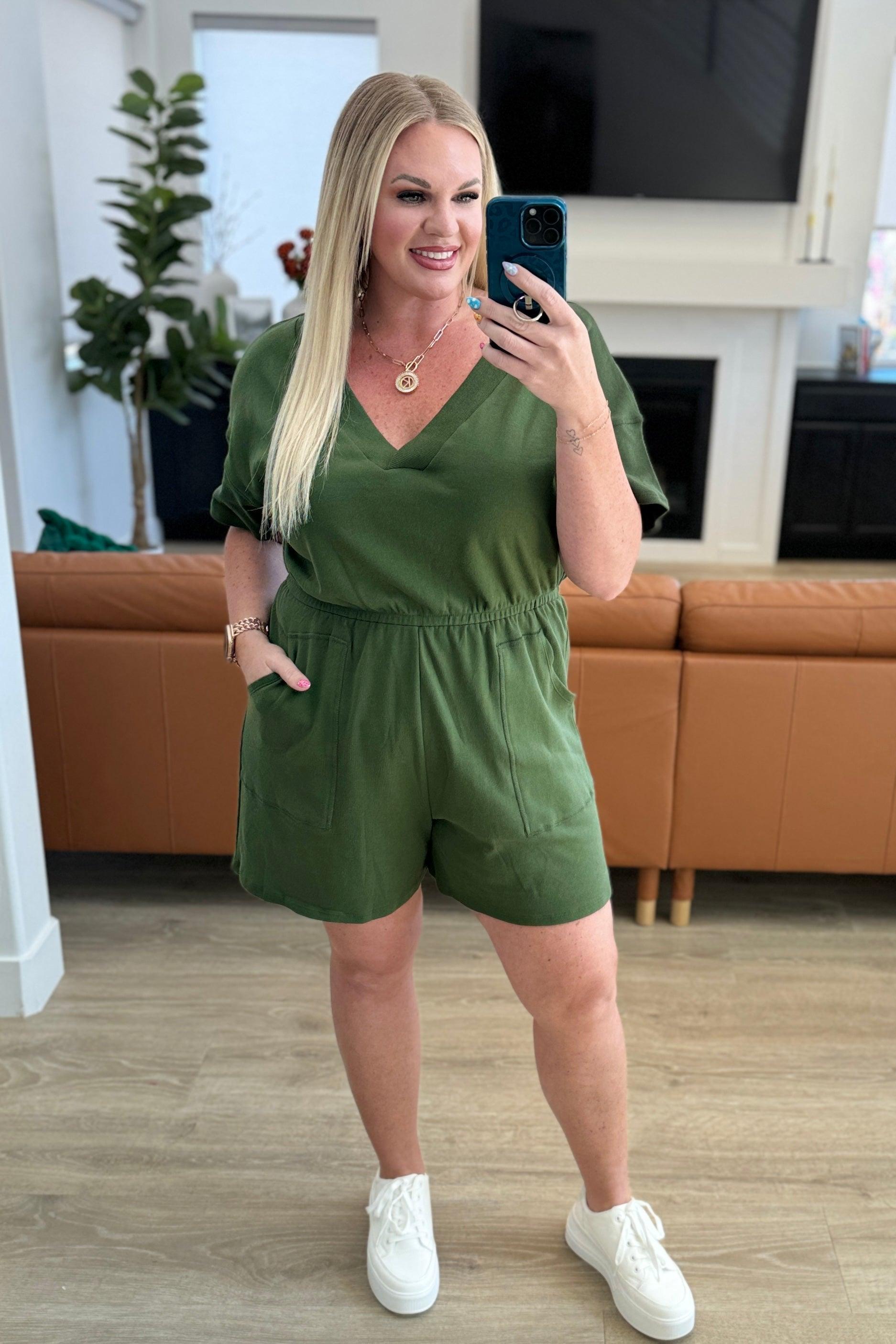 Short Sleeve V-Neck Romper in Army Green Product Image