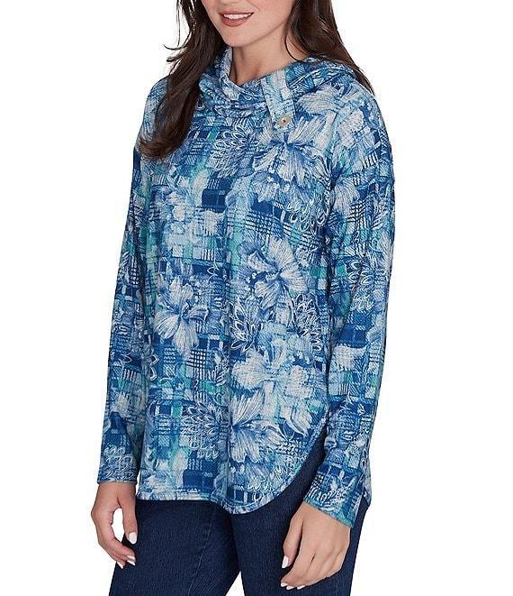 Ruby Rd. Knit Floral Plaid Cowl Neck Long Sleeve Top Product Image