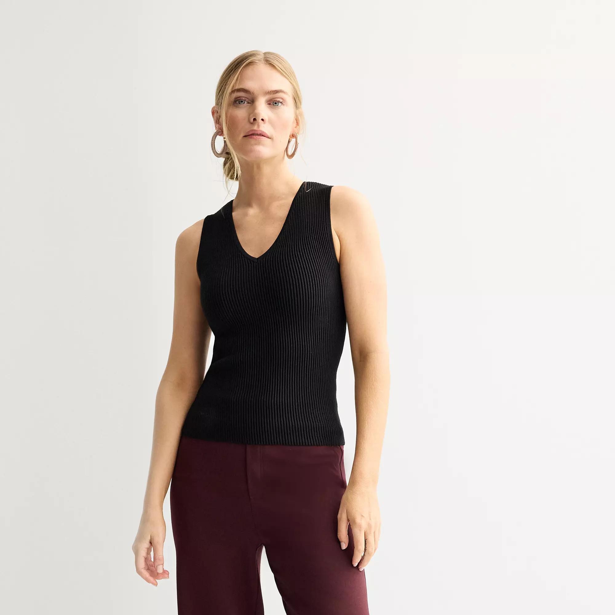 Petite Nine West Ribbed V-Neck Basic Tank Top, Women's,  Product Image