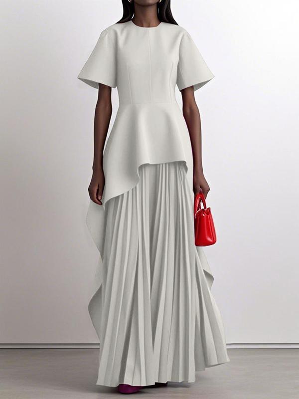 A-Line High Waisted Pleated Solid Color Split-Joint Round-Neck Maxi Dresses Product Image