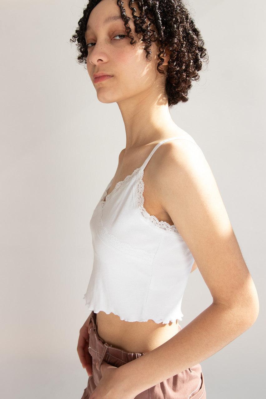White Lace Trim Ribbed Crop Cami Product Image