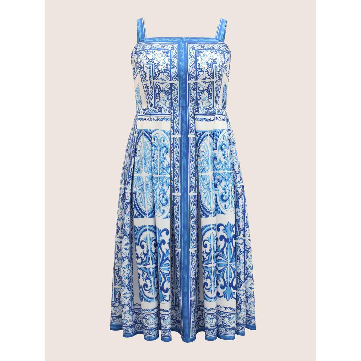 Plus Size Boho Print Square Neck Plicated Detail Midi Dress Mediumblue Women Elegant Pleated Square Neck Sleeveless Curvy BloomChic 12/L Product Image