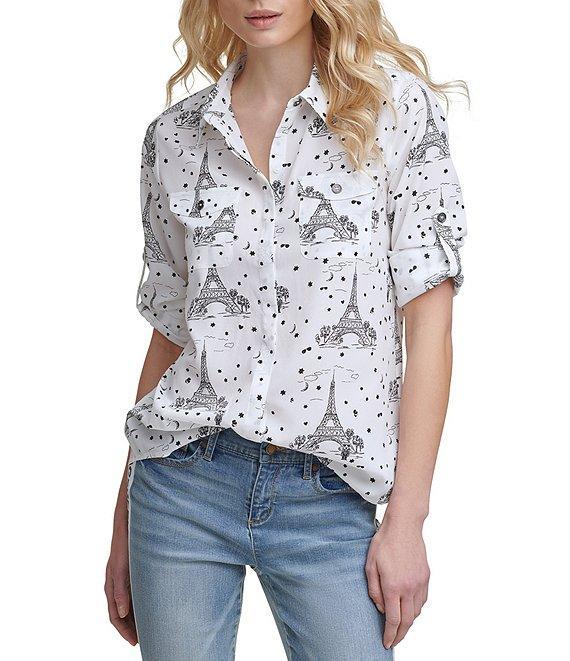 KARL LAGERFELD PARIS Whimsical Roll-Tab Sleeve Crepe Shirt Product Image