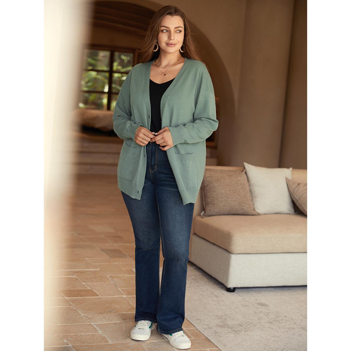 Plus Size Supersoft Essentials Patched Pocket Drop Shoulder Cardigan Green Women Casual Loose Long Sleeve Dailywear Cardigans BloomChic 12/L Product Image