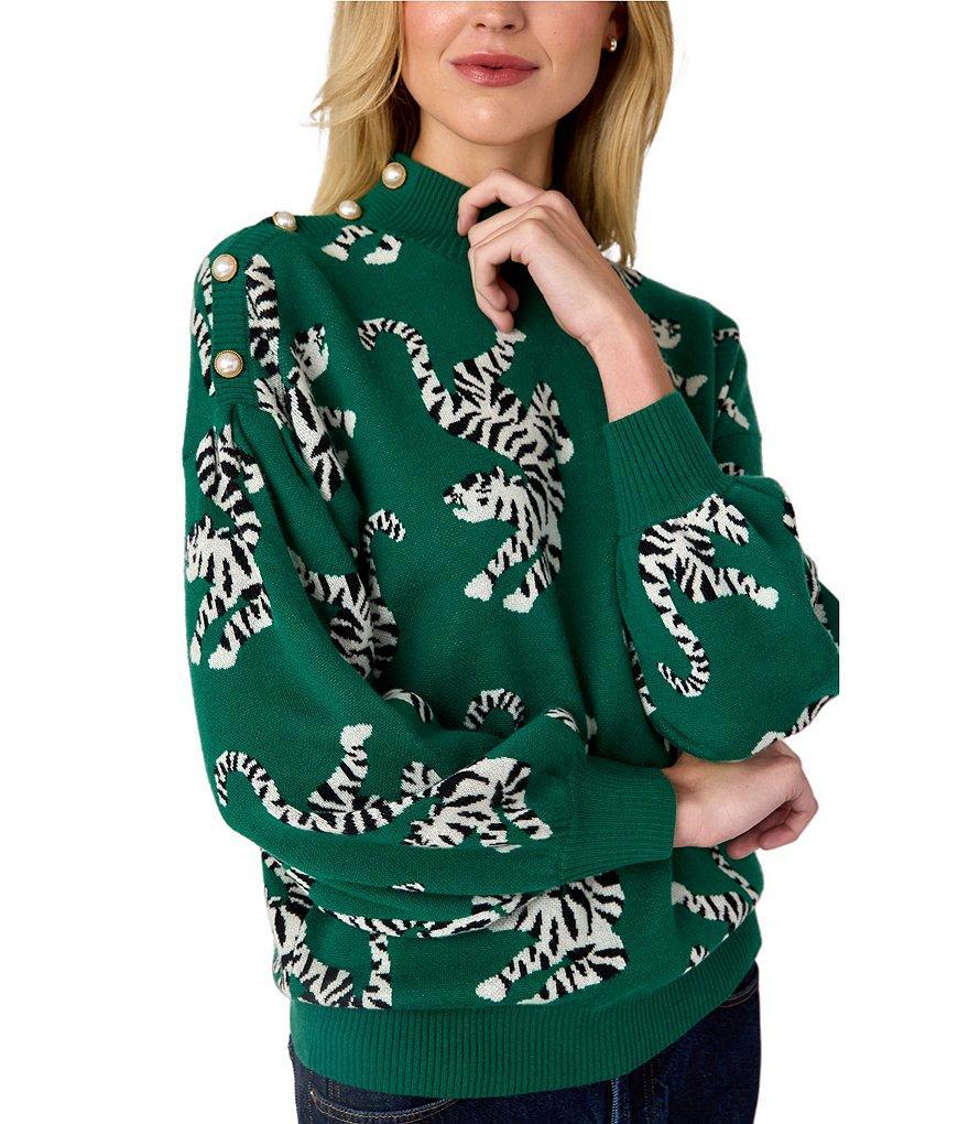 CROSBY by Mollie Burch Charlotte Mock Neck Pearl Shoulder Tiger Printed Sweater Product Image