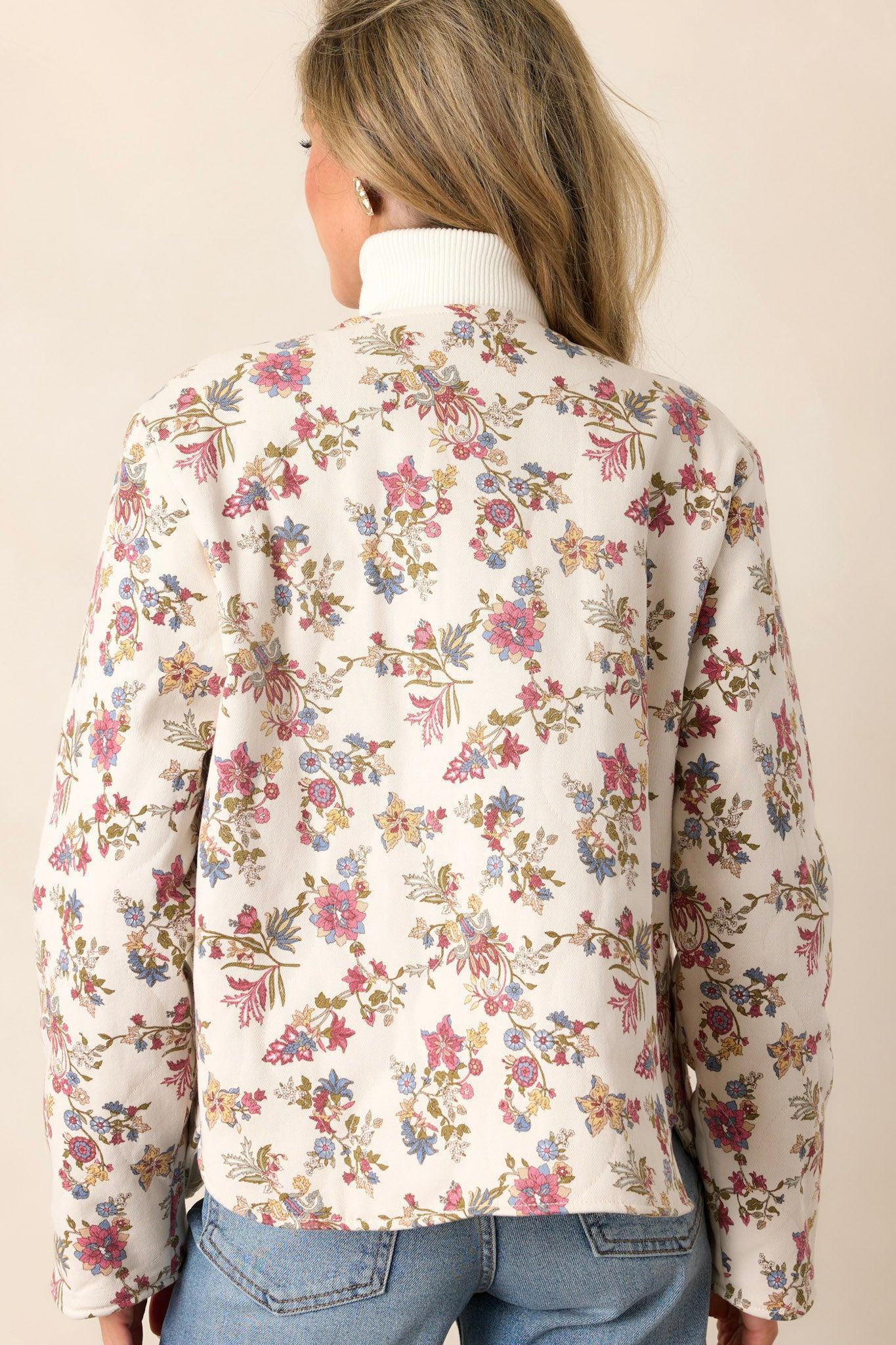 Wild Honey Ivory Floral Crew Neck Denim Jacket Product Image